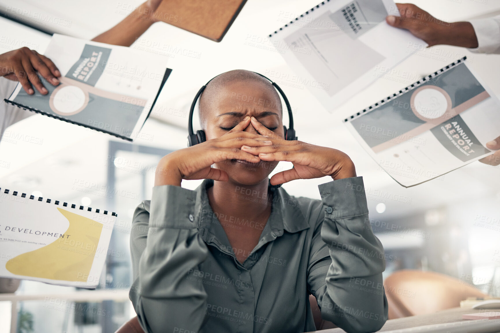 Buy stock photo Anxiety, business and black woman with stress, multitasking and annual report deadline with a headache. Female person, consultant and agent with a migraine, chaos and headphones with documents or crm