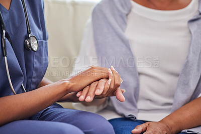 Buy stock photo Support, nurse and holding hands of patient in nursing home on sofa for trust. Comfort, caregiver and elderly female person in retirement, medical professional and healthcare, kindness and empathy.