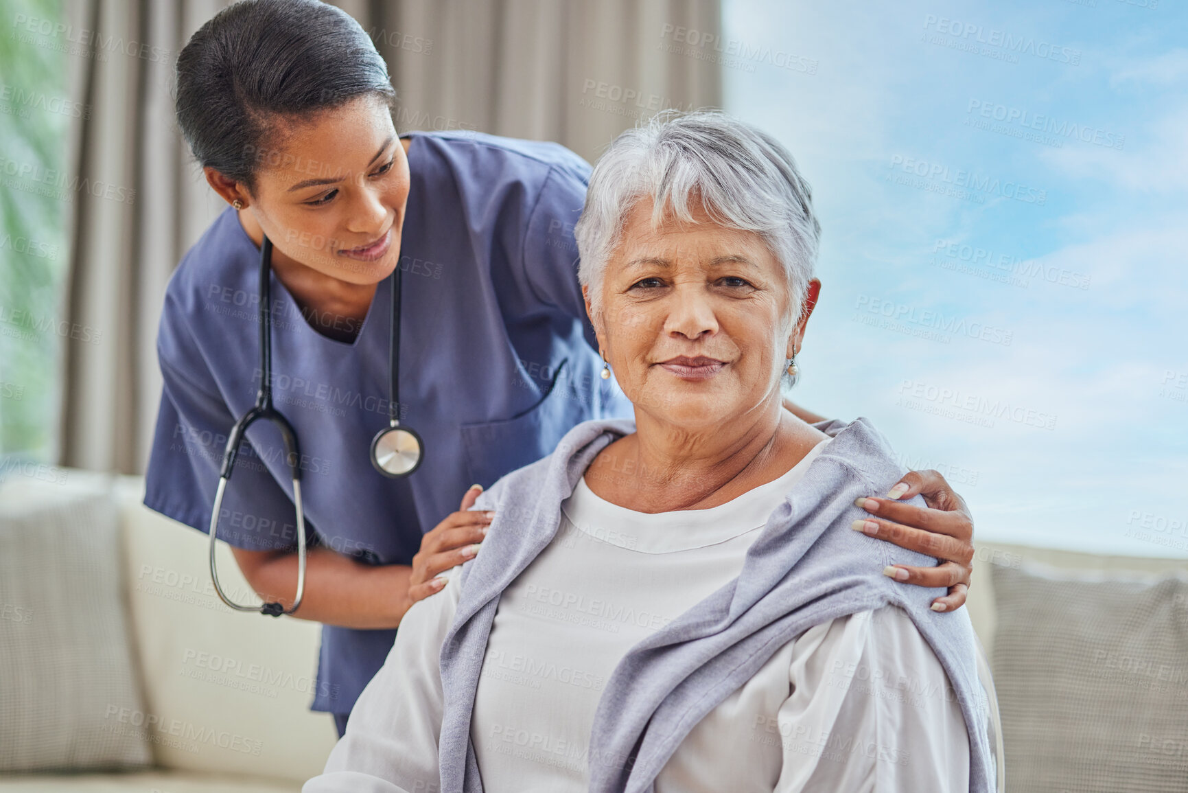 Buy stock photo Nurse, support and portrait of senior woman with help in retirement care, home and worker in elderly healthcare. Nursing, retired person and doctor in house, lounge or medical room to check health