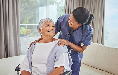 Buy stock photo Nurse, support and senior woman in a wheelchair and retirement care, home and worker in elderly healthcare. Nursing, retired person and doctor in house, lounge or medical room to check health