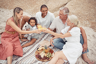 Buy stock photo Interracial, family and picnic toast on the beach and smile with some food with snacks. Happy people bonding on travel vacation or holiday in summer with happiness, drink and love with fun together