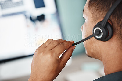 Buy stock photo Back, call center and man listening on computer for telemarketing, customer service and support. Crm, contact us and sales agent, consultant or employee working at help desk, consulting and business.