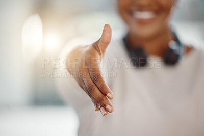 Buy stock photo Extended hand, business or handshake for deal, partnership or welcome greeting. Hands of entrepreneur person for hr recruitment or hiring and trust, agreement or congratulations for promotion success