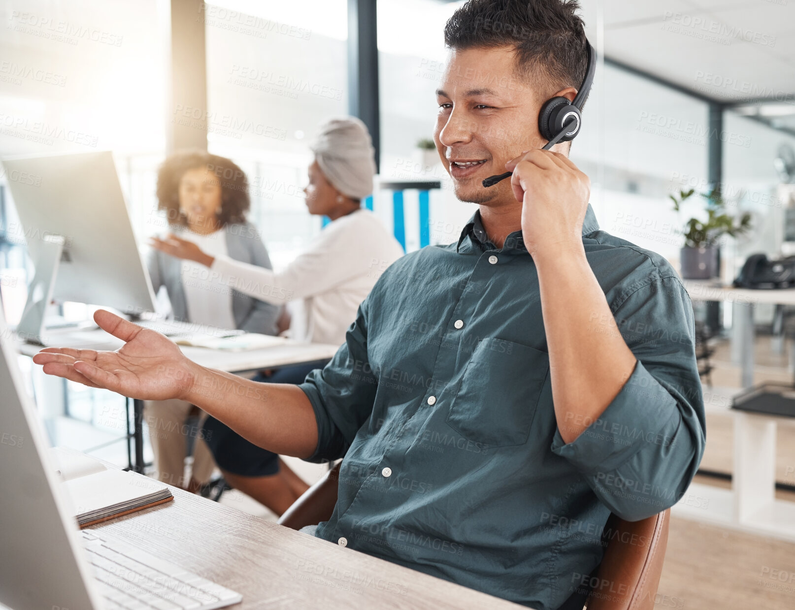 Buy stock photo Smile, call center and man listening on computer for telemarketing, customer service and support. Crm, contact us and sales agent, consultant or employee working at help desk, consulting and business