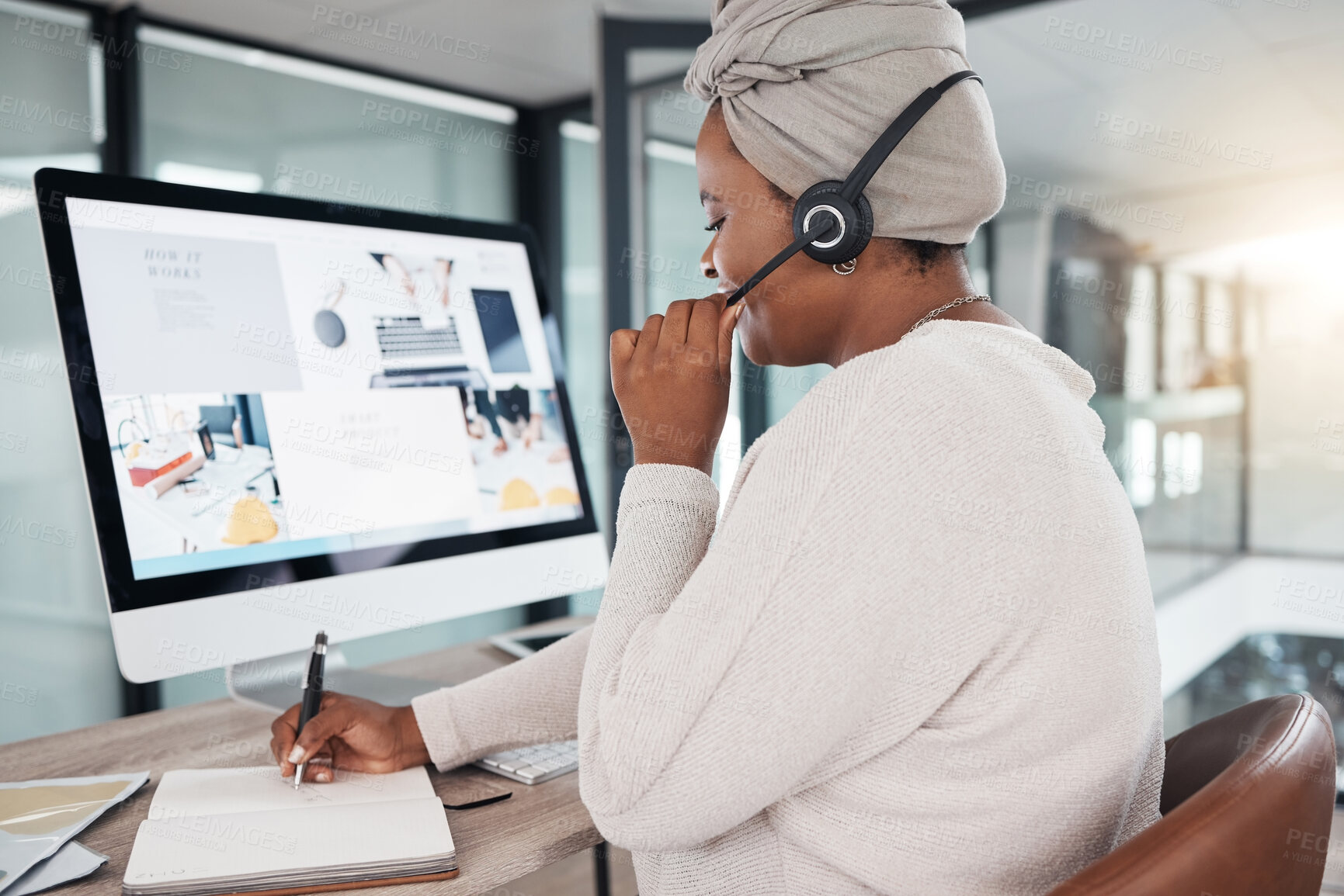 Buy stock photo Call center, black woman and writing notes for customer service schedule, support and contact. Notebook, telemarketing and African female sales agent, consultant or employee consulting at help desk