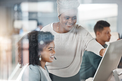 Buy stock photo Call center, training and black woman with employee on computer for customer service, support or telemarketing. Coaching, sales agent and mentor teaching intern crm, help desk and learning consulting