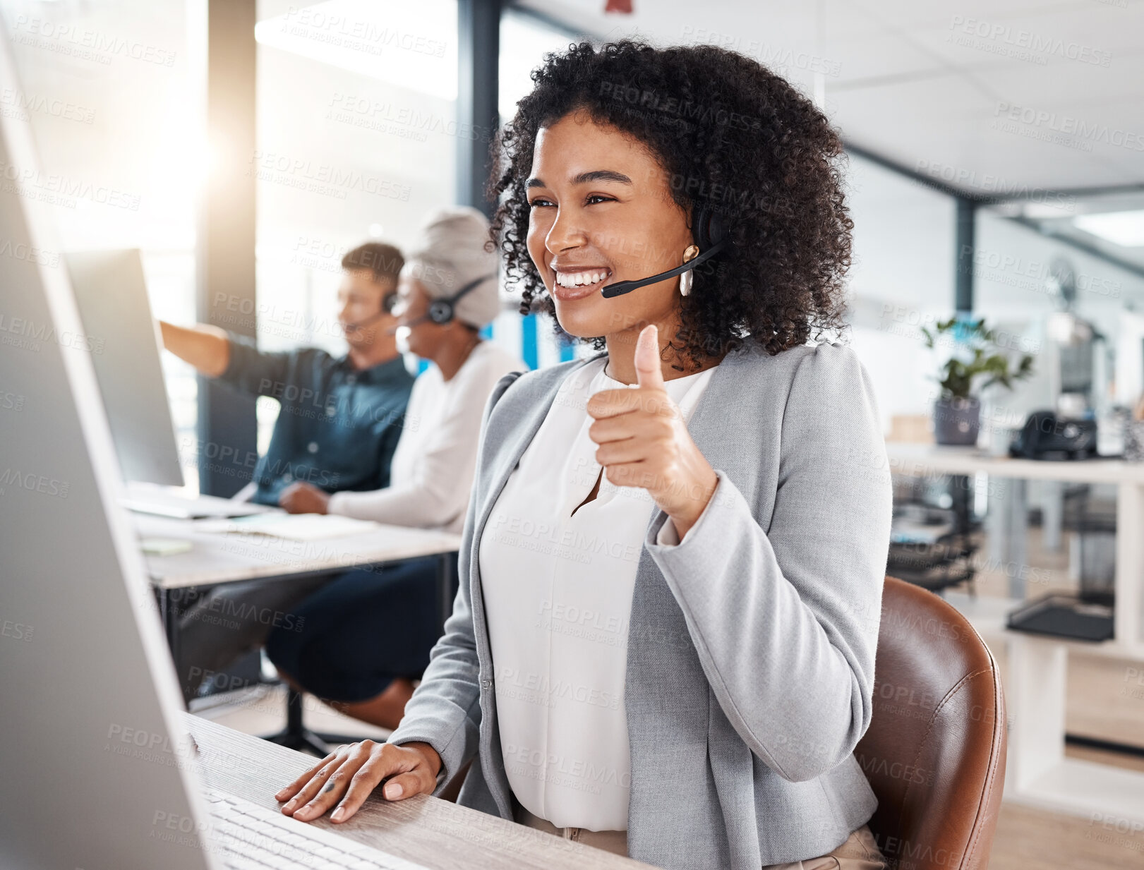 Buy stock photo Call centre, woman and thumb up for online support with smile for success with headset, computer. Customer service, telemarketing and worker is happy with hand gesture for motivation and agreement.