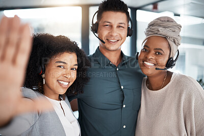 Buy stock photo Call center, selfie and happy team together for telemarketing, sales and crm work. Diversity women and a man smile for social media photo as contact us, customer service and help desk support staff