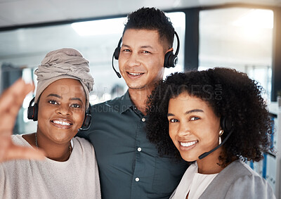 Buy stock photo Selfie, call center and happy team together for telemarketing, sales and crm work. Face of diversity women and a man for social media photo as contact us, customer service and help desk support staff