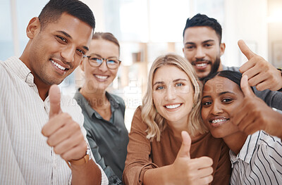 Buy stock photo Group, business people and thumbs up in office portrait, diversity and solidarity for smile, teamwork or goals. Men, women and agreement with hand, sign language or emoji for collaboration at startup
