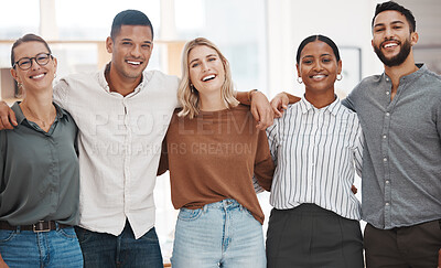 Buy stock photo Diversity, group and happy portrait in business, office or success in company teamwork. Smile, people and creative team working together or startup agency for graphic design, project or collaboration