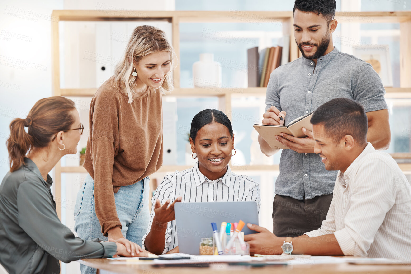 Buy stock photo Laptop, coaching and a business woman talking to her team in the boardroom for planning or strategy. Collaboration, meeting and presentation with a female employee training an employee group at work