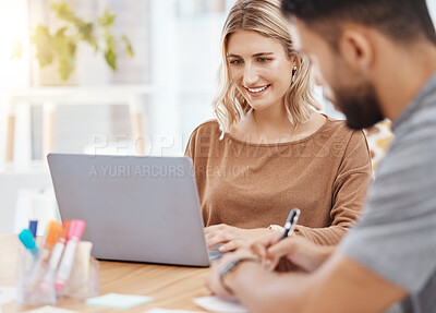 Buy stock photo Laptop, meeting or planning with a business woman and her team in the boardroom for upskill development. Collaboration, teamwork and meeting with a female employee at work on a computer in the office