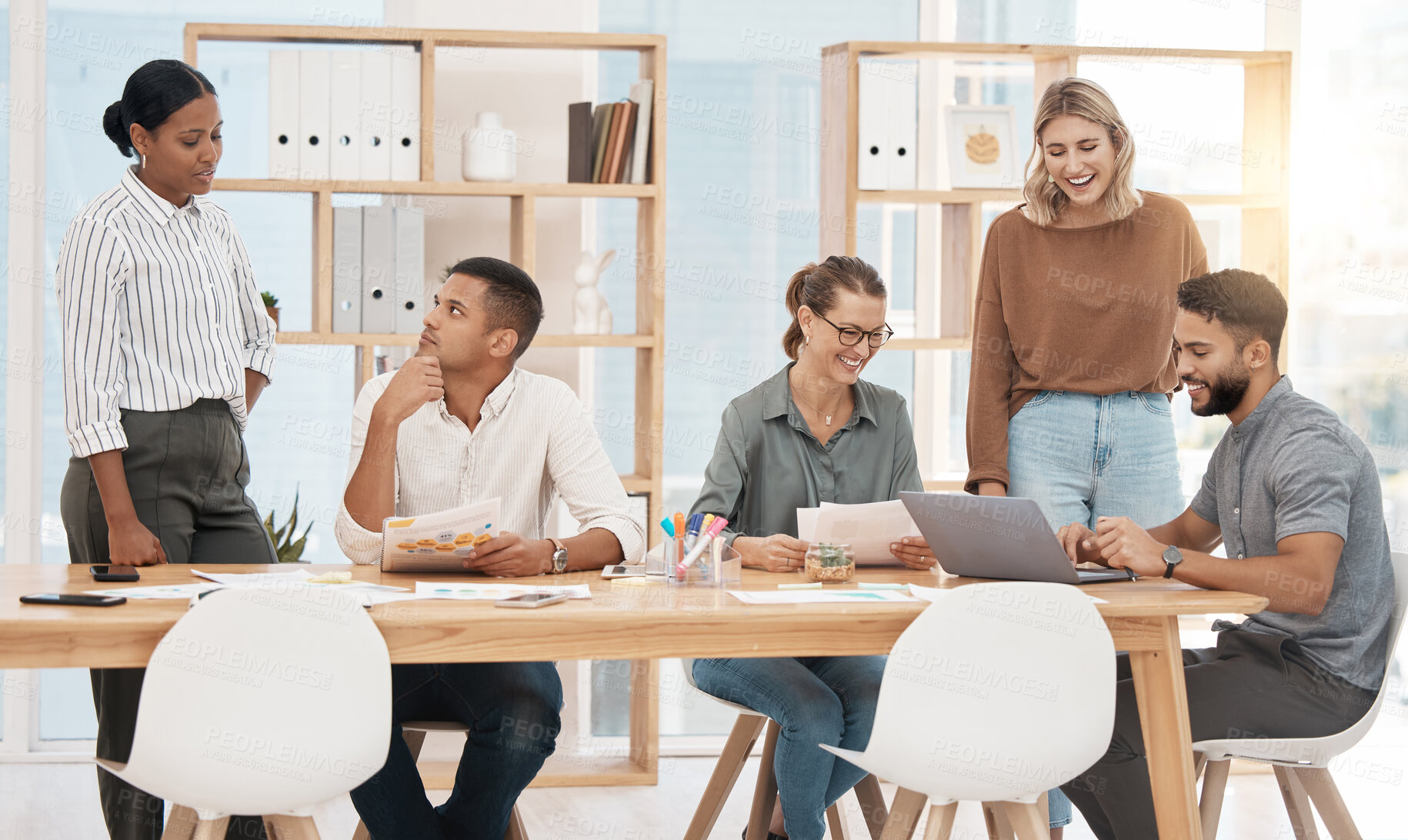 Buy stock photo Group, business people and staff brainstorming, planning and conversation for a project, research and discussion. Coworkers, team and men with women, creative and collaboration with startup agency