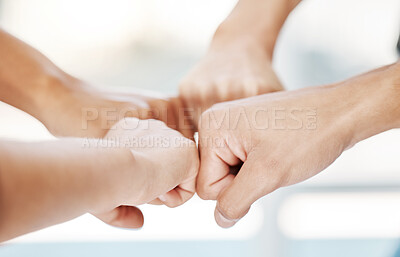Buy stock photo Group, circle and fist bump with teamwork closeup, community and collaboration for goals in office. Business people, synergy and productivity with solidarity, agreement and networking in workplace
