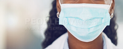 Buy stock photo Black woman in healthcare, covid and a doctor with a face mask closeup. Safety, security and risk for employee working in the medical field. Medicine, caution and insurance of a safe work environment