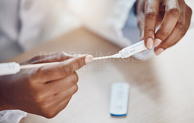 Buy stock photo Healthcare, compliance and covid test by woman using rapid results testing kit at home. Closeup of hands holding a swab, corona and virus risk by female taking care and safety steps alone in house