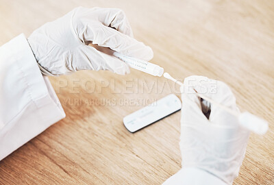 Buy stock photo Covid, test and hands in gloves with a doctor testing a virus sample with a medical swab for healthcare and medicine in a hospital. Medical aid and insurance with a science professional at work