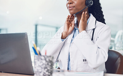 Buy stock photo Telehealth, video call and thyroid doctor on virtual consultation online for thyroid exam, medical advice or assessment. Innovation healthcare, black woman with laptop for digital consulting service