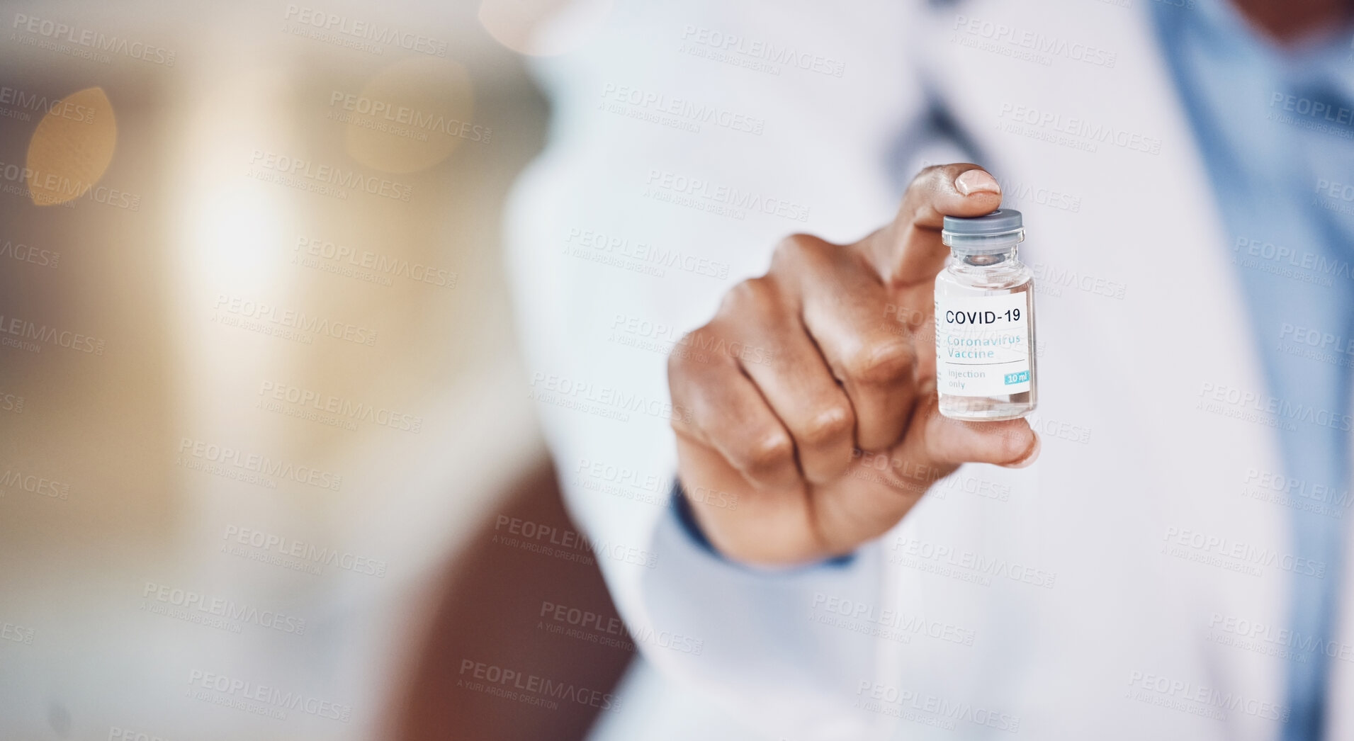 Buy stock photo Doctor, covid vaccine and healthcare medicine for security from virus, to stop corona and help with health safety in a hospital. Hands of medical nurse giving hope with covid 19  innovation at clinic