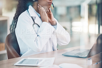 Buy stock photo Doctor, explaining and online consultation using laptop for a virtual checkup for throat or covid while sitting in hospital office. Female medical insurance assistant on video call for telemedicine 