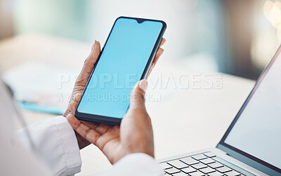Buy stock photo Telehealth doctor, green screen mockup and phone for virtual internet consulting, healthcare clinic advice and medical help service. Hospital worker hands, online test mobile results and app planning