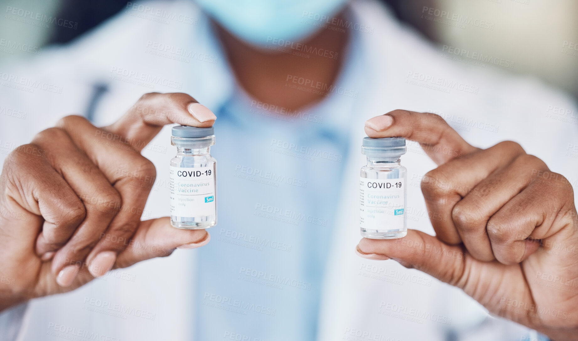 Buy stock photo Doctor hands, covid vaccine medicine bottle and serum for risk, healthcare and wellness safety. Closeup corona virus medical worker, pharmaceutical innovation and scientist drug test cure of covid 19