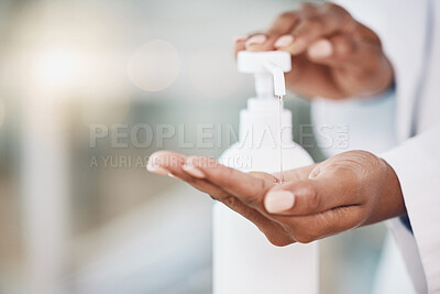 Buy stock photo Healthcare, cleaning and covid rules at hospital by doctor disinfect hands with hand sanitizer. Compliance, safety and corona control by health expert closeup of good hygiene in fresh clean workspace