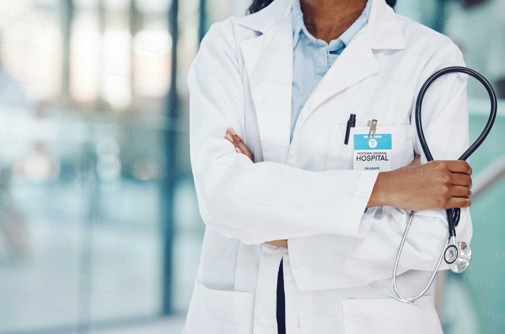 Buy stock photo Stethoscope, cardiology doctor with innovation, experience and expert knowledge for hospital, clinic or medical background. Proud black woman healthcare worker for trust, heart health and insurance 