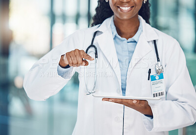 Buy stock photo Health, woman and black doctor with tablet tech pointing to copy space mockup. Healthcare, wellness and medicine with African medical professional with wireless digital technology at hospital mock up