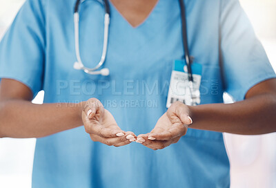 Buy stock photo Hands of hospital nurse offer help, trust and support with health safety, healing and healthcare. Black woman, medicine clinic worker or medical employee palm lifting and hope for wellness motivation