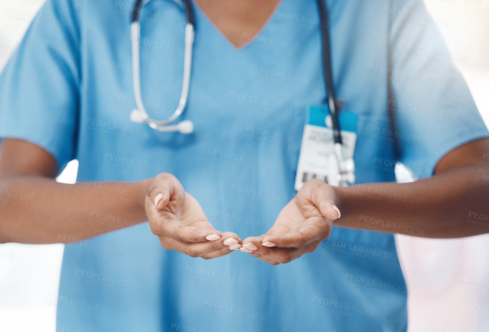 Buy stock photo Hands of hospital nurse offer help, trust and support with health safety, healing and healthcare. Black woman, medicine clinic worker or medical employee palm lifting and hope for wellness motivation