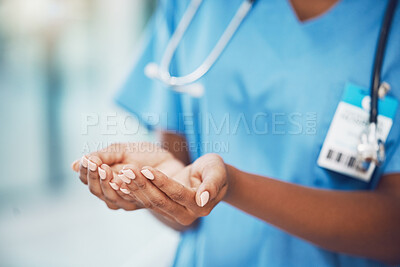 Buy stock photo Medicine, woman healthcare and doctors hands with mock up for marketing, advertising or sale of medical product. Hospital, trust and insurance with a health professional and mockup