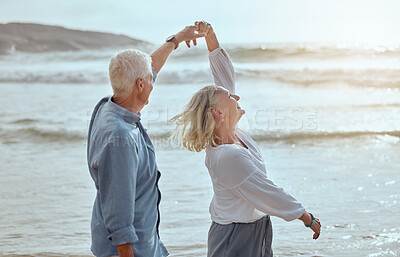 Buy stock photo Sea, dancing and senior couple on vacation with summer love, bonding and travel dun. Dance, outdoor and elderly people with freedom by the ocean and beach by waves on holiday in Greece together