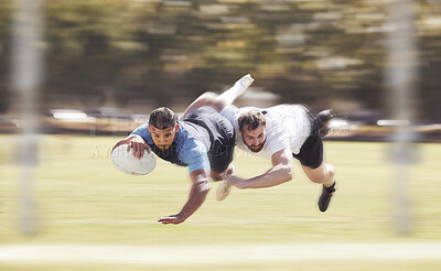 Buy stock photo Mixed race rugby player diving to score a try during a rugby match outside on a field. Hispanic male athlete making a dive to try and win the game for his team. Young man reaching out for the try line