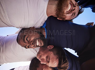 Buy stock photo Sports, rugby and men in scrum on grass field for match, practice and game in tournament or competition. Fitness, teamwork and below of players tackle for exercise, training and performance for ball
