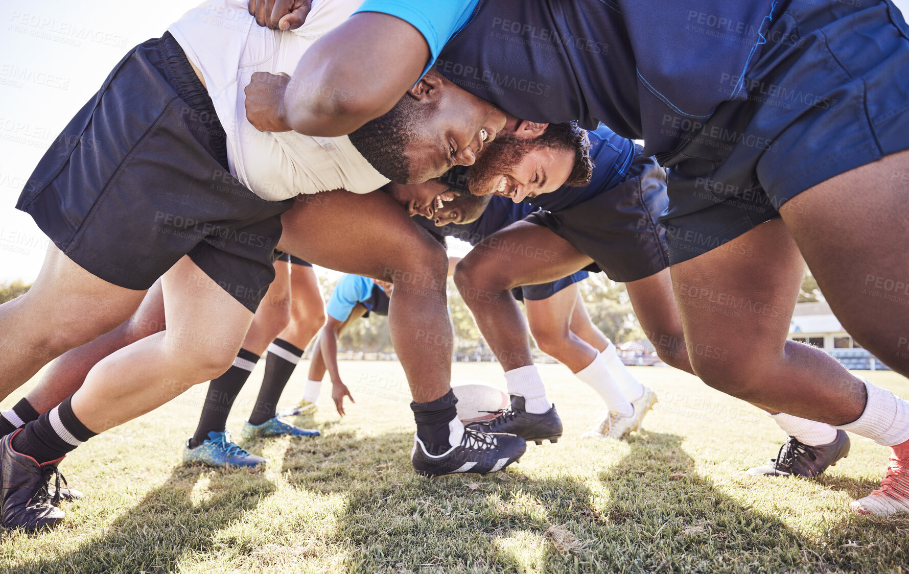 Buy stock photo Sports, rugby and men in scrum on field for match, practice and game in tournament or competition. Fitness, teamwork and below of players tackle for exercise, training and performance to win ball