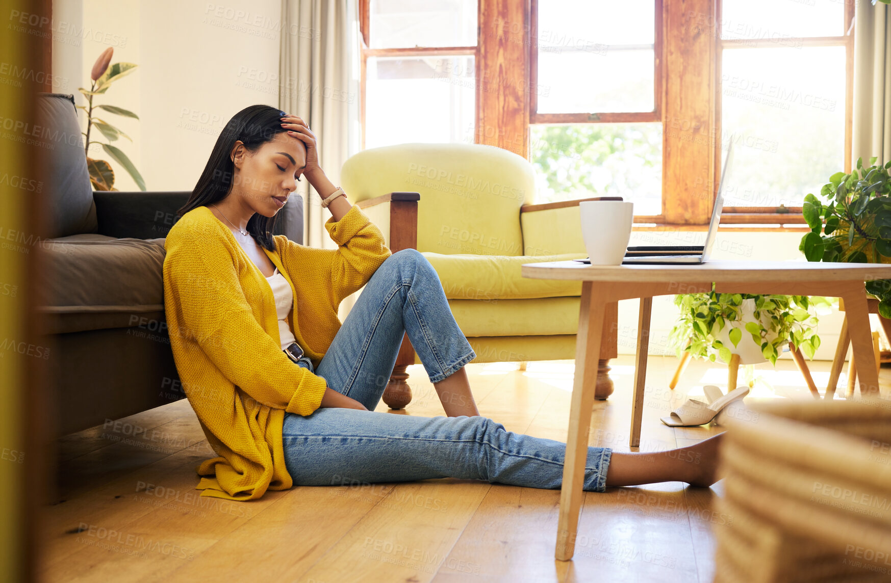 Buy stock photo Stress, depression or burnout woman with laptop on living room floor for home finance, studying or house rent debt. Sad, anxiety and burnout student with mental health problem for online fail mistake