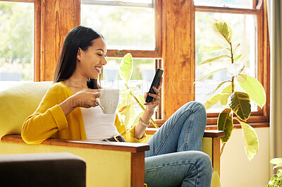 Buy stock photo Woman, smartphone and coffee, smile at social media and communication, technology and scroll internet. Online chat, happy female relax at home with hot drink, mobile app or games with connectivity