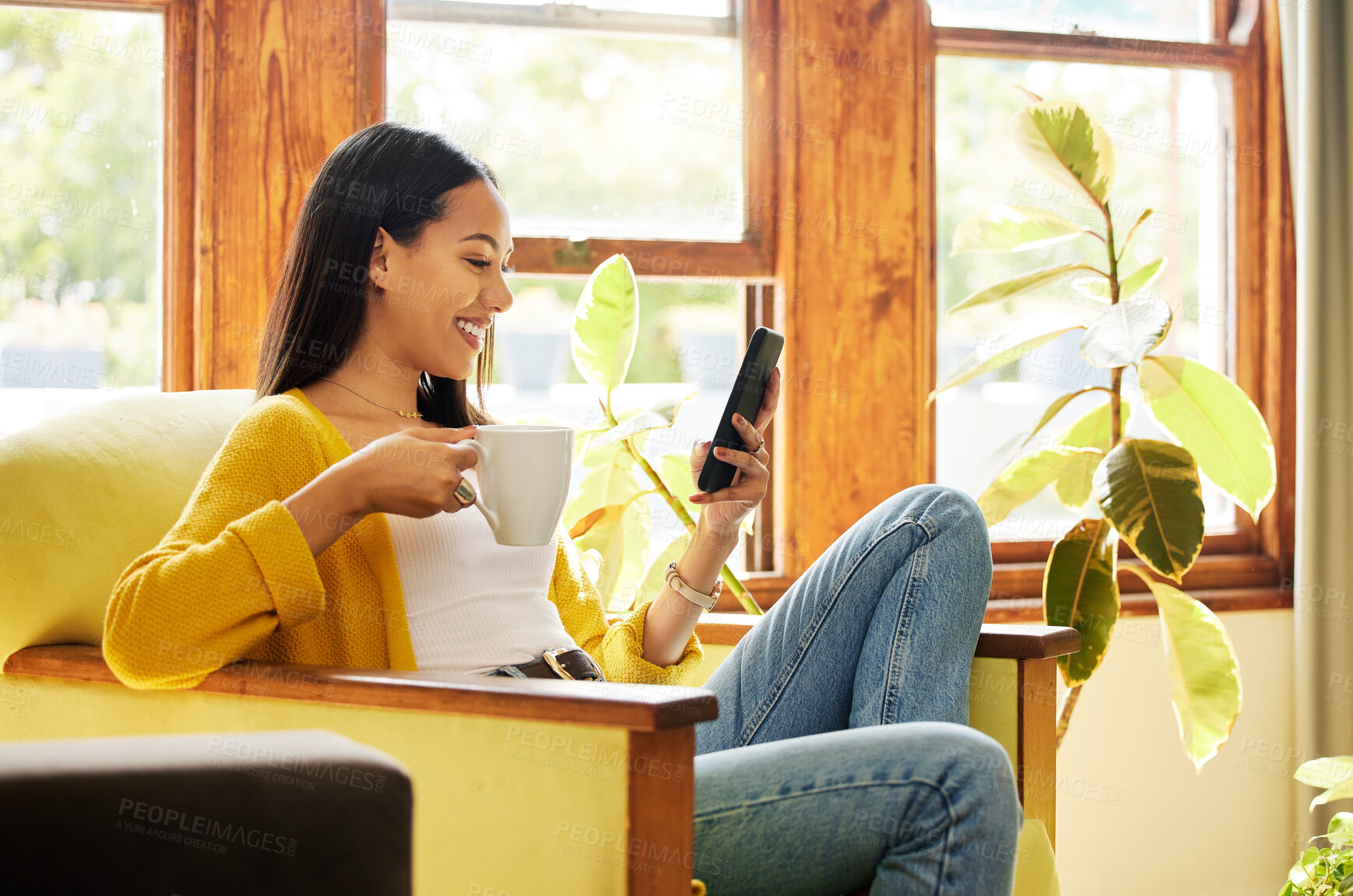 Buy stock photo Woman, smartphone and coffee, smile at social media and communication, technology and scroll internet. Online chat, happy female relax at home with hot drink, mobile app or games with connectivity