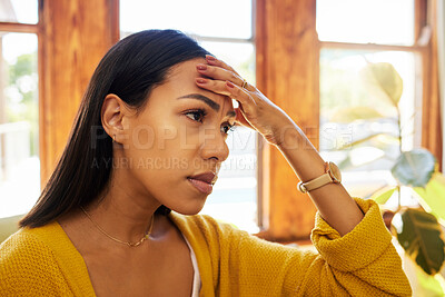 Buy stock photo Woman headache, stress and anxiety in home with pain, problem and regret, depression and debt fear. Angry face, mad and sad person mental health thinking, lonely life problems and frustrated mistake