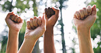 Peoples fist in the air outside in nature. Closeup of a group of peoples fist in the air as a concept of empowerment. Diverse people with their fists in the air
