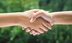 Closeup of a handshake in nature. Two diverse peoples hands greeting. Partners making an agreement about sustainability