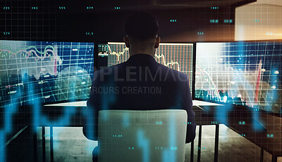 Buy stock photo Computer screen, double exposure and stock market with business man in office at night from back. Finance, investment and portfolio with broker at work for asset management, data analysis or economy 