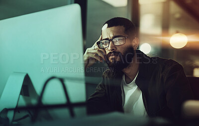 Buy stock photo Computer, night and man by desktop with thinking for working overtime, proposal review and internet research. Male programmer, coding language and pc with idea for software development and workaholic