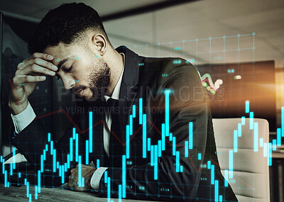 Buy stock photo Businessman, chart and stress with technology and overlay in office for investment or finance problem. Stock market crash, computer and male trader in workplace with headache from statistics at night