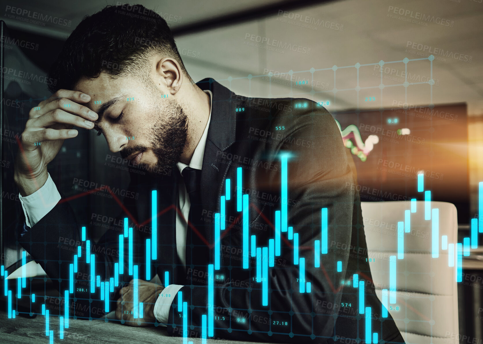 Buy stock photo Businessman, chart and stress with technology and overlay in office for investment or finance problem. Stock market crash, computer and male trader in workplace with headache from statistics at night