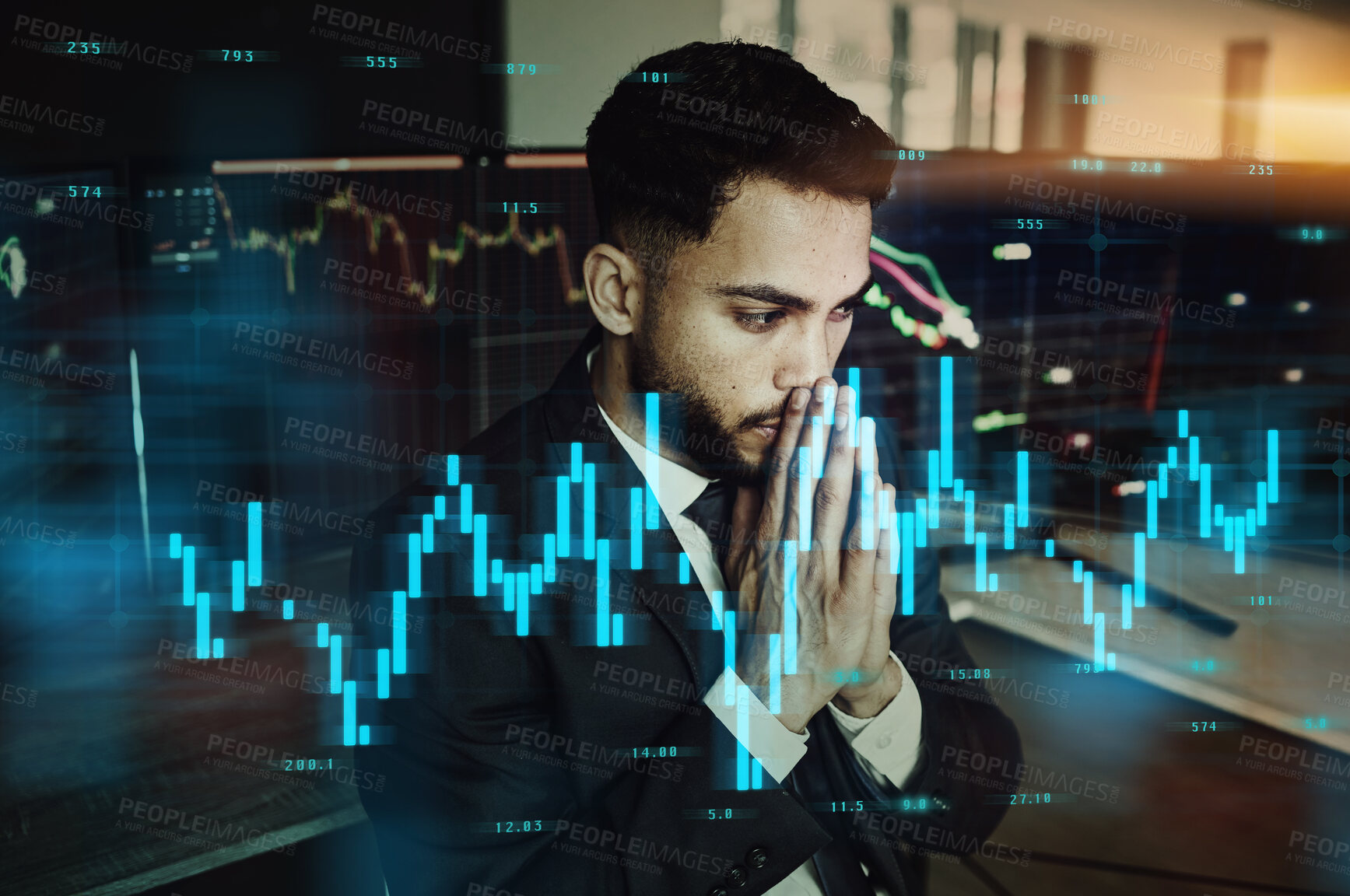 Buy stock photo Businessman, chart and thinking of technology and overlay in office with worry for stocks at night. Investment, computer and nervous in workplace with trader, statistics and graph for business 