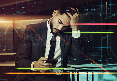 Buy stock photo Businessman, graph and cellphone with overlay in office for research and stock market at night. Male trader, technology and statistics in workplace with stress, anxiety and online with headache