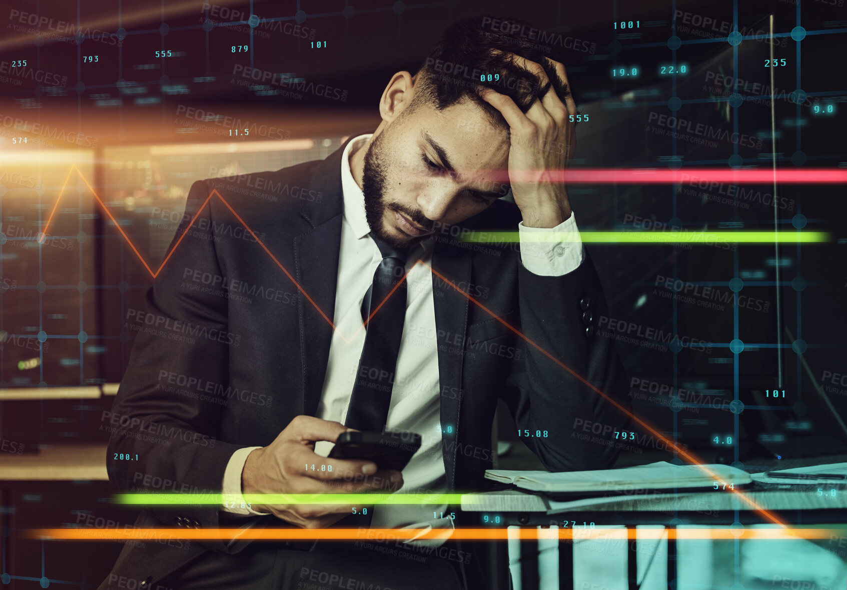 Buy stock photo Businessman, graph and cellphone with overlay in office for research and stock market at night. Male trader, technology and statistics in workplace with stress, anxiety and online with headache